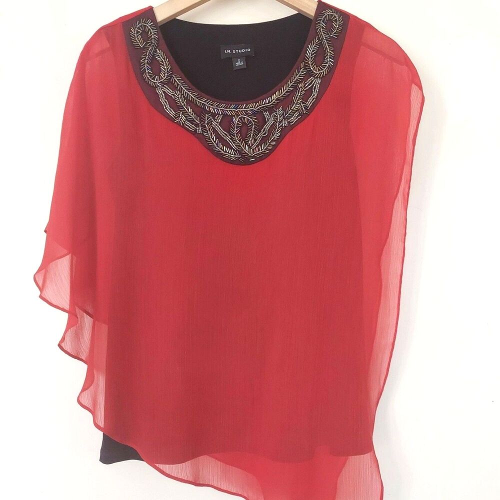 In Studio Asymmetric Sheer Blouse Small Red Beaded Neckline Chiffon Dressy